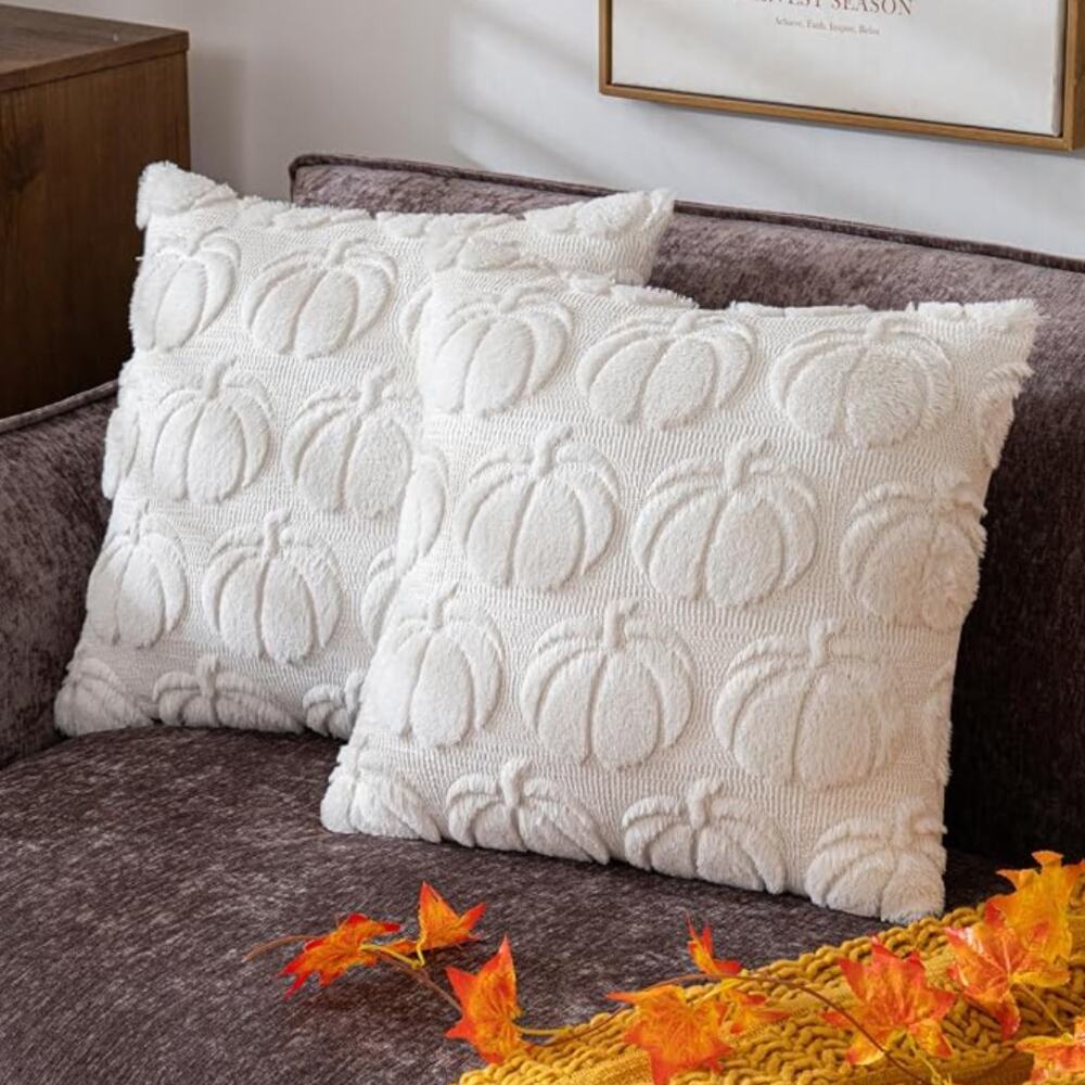 TWO PACK HALLOWEEN WHITE PUMPKIN PILLOW COVERS 18x18 SQUARE